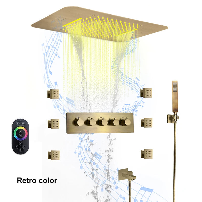 580*380mm Constant-Temperature Shower System Brushed Gold Shower Set LED Light Music Ceiling Hower head Body Massage Nozzle