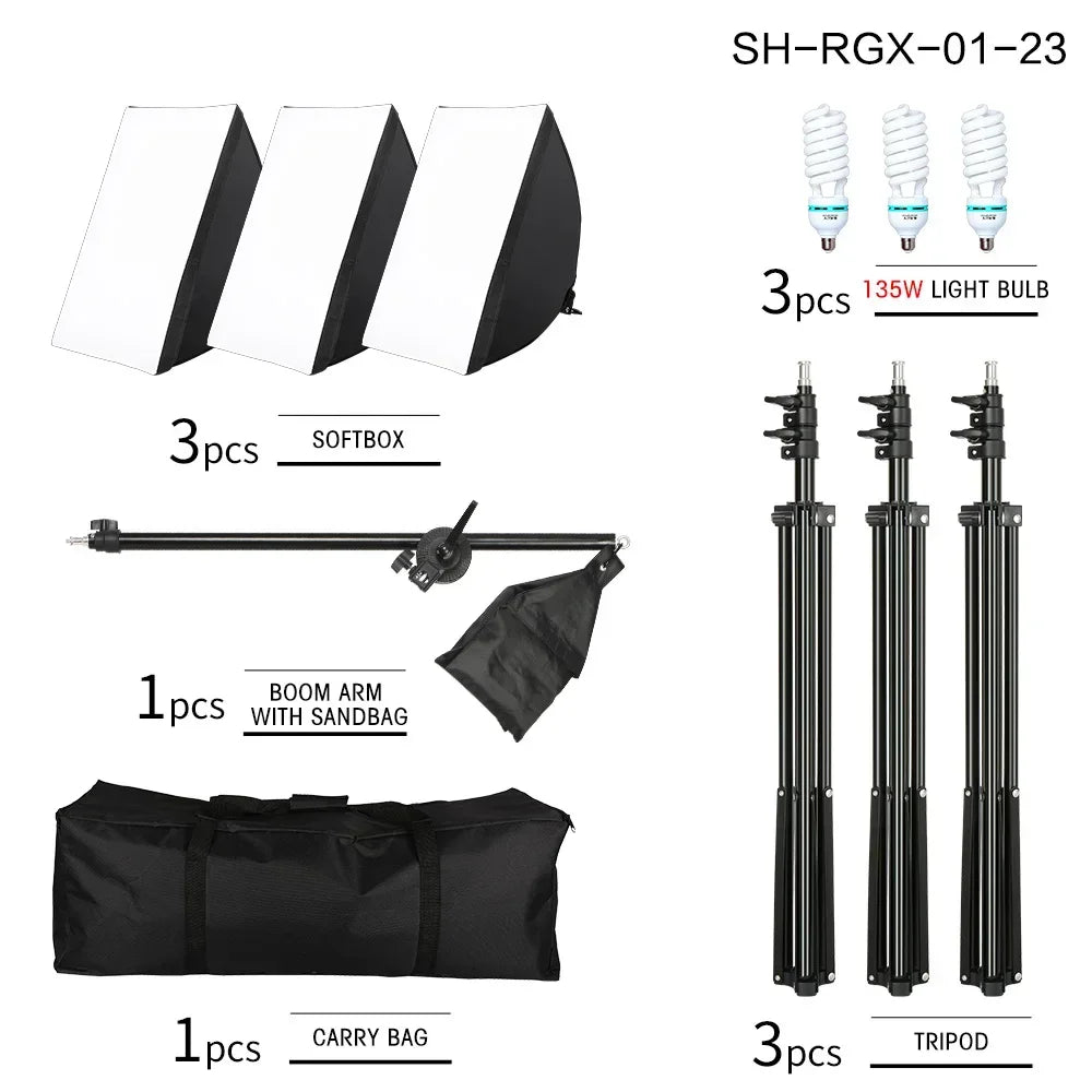 50x70CM Softbox Lights With Cross Arm E27 Photographic Bulbs Professional Photo Studio Continuous Lighting Kit With Tripod Stand
