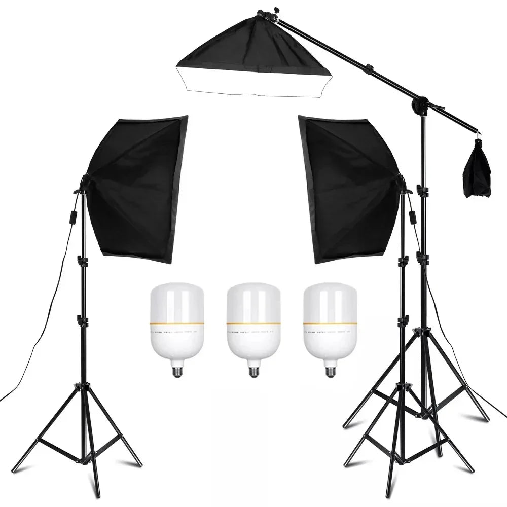 50x70CM Softbox Lights With Cross Arm E27 Photographic Bulbs Professional Photo Studio Continuous Lighting Kit With Tripod Stand