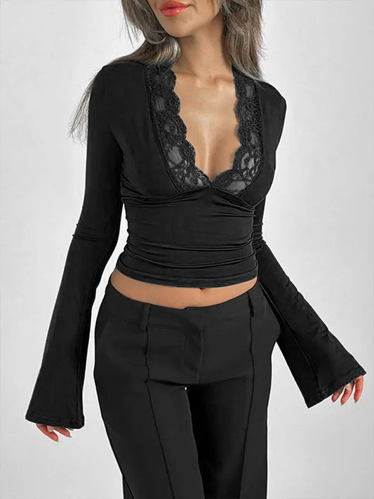 Spring New Women T-shirt Streetwear Fashion Long Sleeves Casual Slim Tees Black Sexy Lace Deep V-neck Elegant Lady Tees Clothing