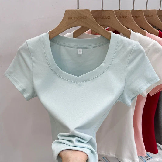 Zjaiss 2026 Summer High Quality Casual V-Neck Women T Shirt Sexy Slim Short Sleeves Fashion Trend Solid Clothing Y2k Tops