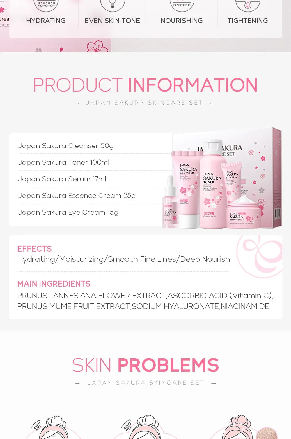 LAIKOU Sakura Kit Skin Care Sets Moisturizing and Reducing Fine Lines Cleansing Pore Product 5-Piece Korean Women's Day Gift