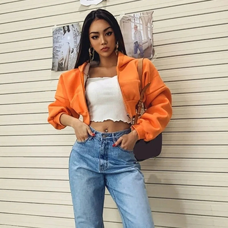 Cropped Zip Up Hoodies Women Streetwear Vintage with Pockets Short Sweatshirt Femme Outwear Harajuku Y2K Solid Hooded Jackets