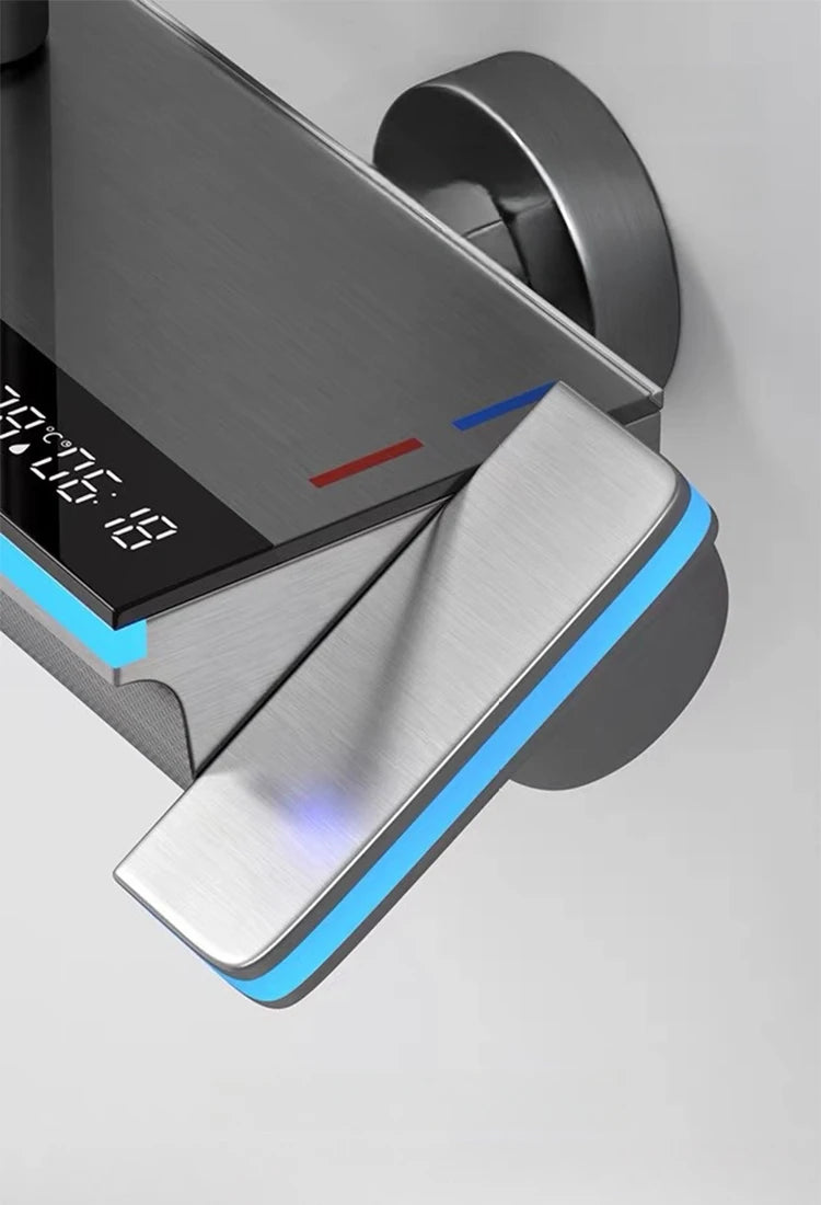 Bathroom Shower Faucet System with Lights Tempered Glass Shower Set Digital Display Copper Mixer Shower Faucet Set