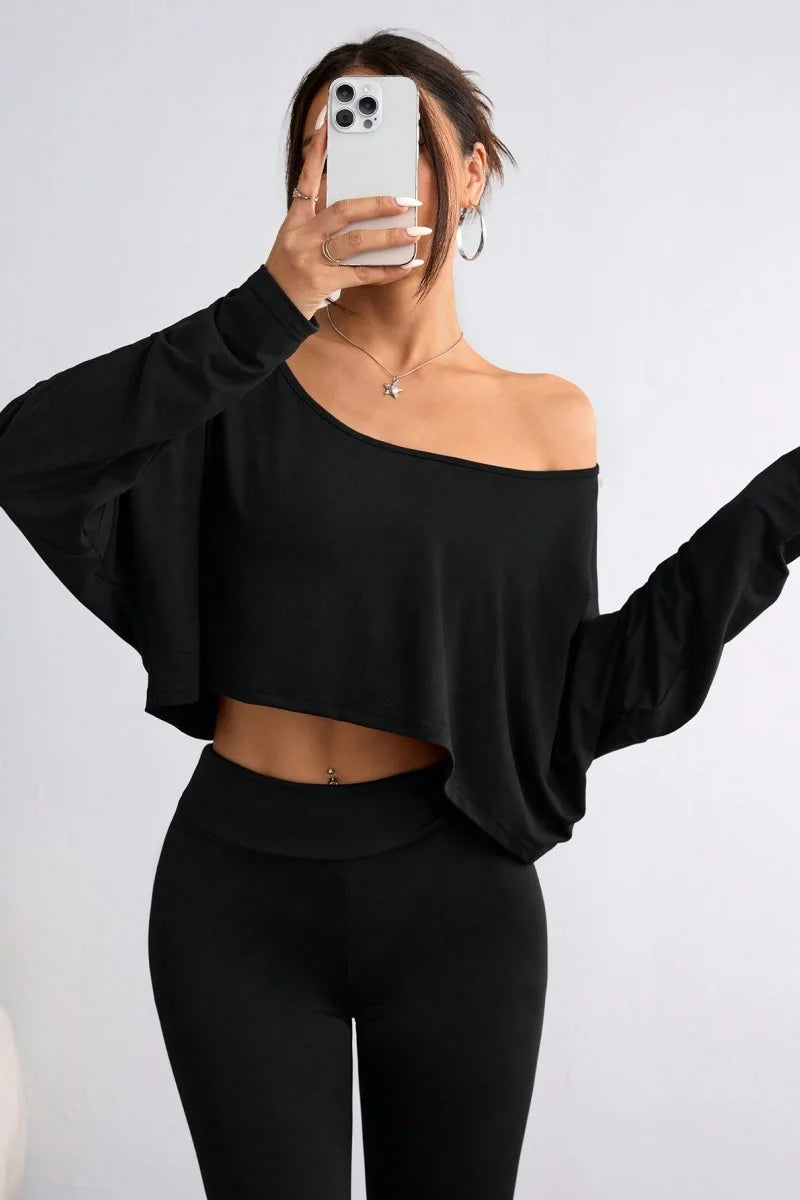 Spring 2025 Women's Loose Collar Base Fashion Crop T-Shirt Long Sleeve Casual Comfortable Line Neckline Solid Short Top