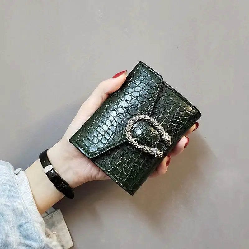 Dark coffee matte crocodile pattern exquisite metal buckle compact wallet