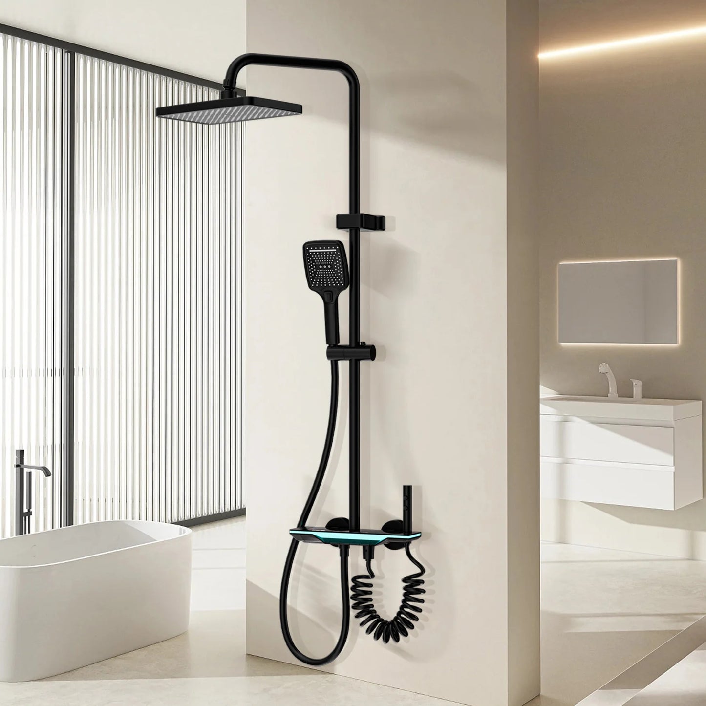 Bathroom shower Set with LED Digital Display Shower System Hot &Cold Mixer Tap Rainforest Overhead Shower Head Height-Adjustable