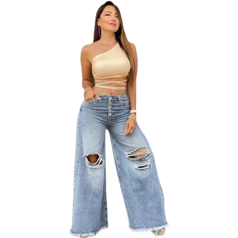 Women's XS-XL size 2024 Summer New High Waist Retro Loose Hole Wide Leg Pants Light Color Washed New Jeans Women's Pants jeans