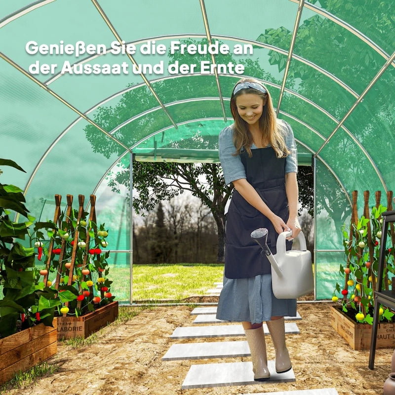 Polytunnel greenhouse with plastic cover and steel frame, walk-in greenhouse tent with roll-up doors, green