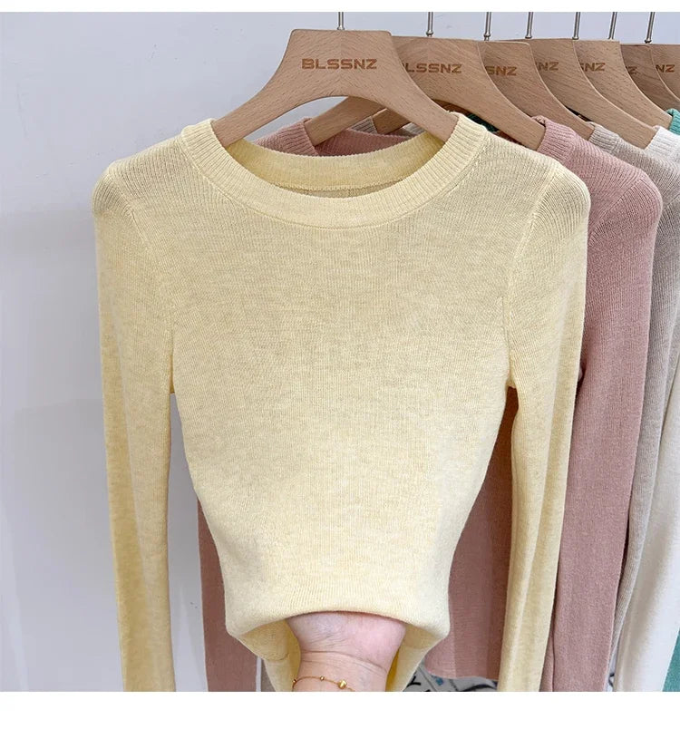 Spring  Basic O-Neck Slim T-Shirt Women Solid Multi Color All-Match Trend Casual Top Screw Knit Long Sleeve Elastic Office Lady