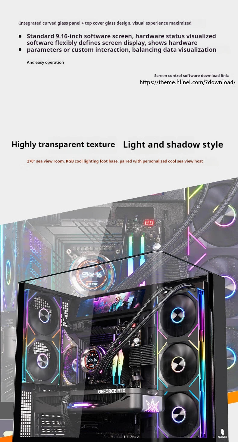WJCOOLMAN AITO Plus ATX PC case 9.16-inch software screen RGB light strip 360 water cooler curved glass computer case