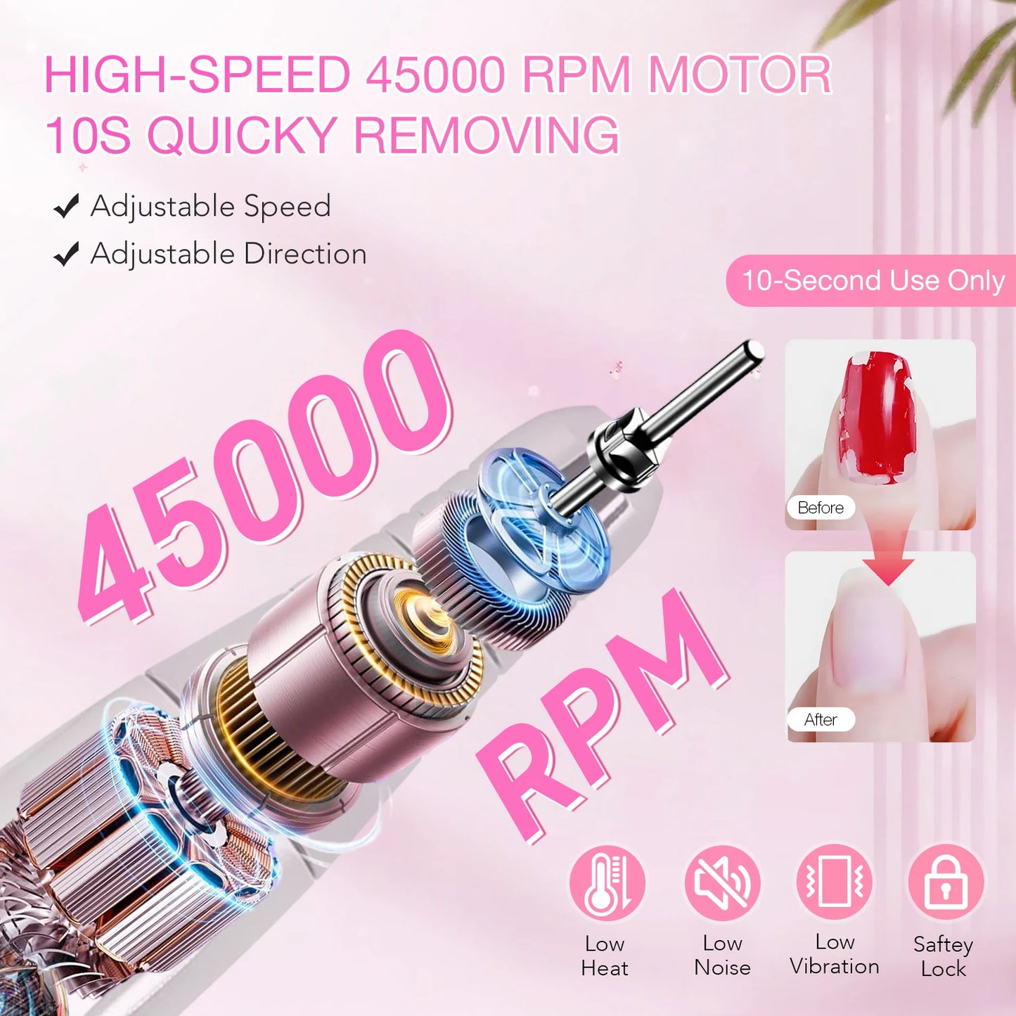 45000RPM Professional Rechargeable Electric Nail Drill Machine With Base Portable Cordless Nail File For Acrylic Gel Nail Remove