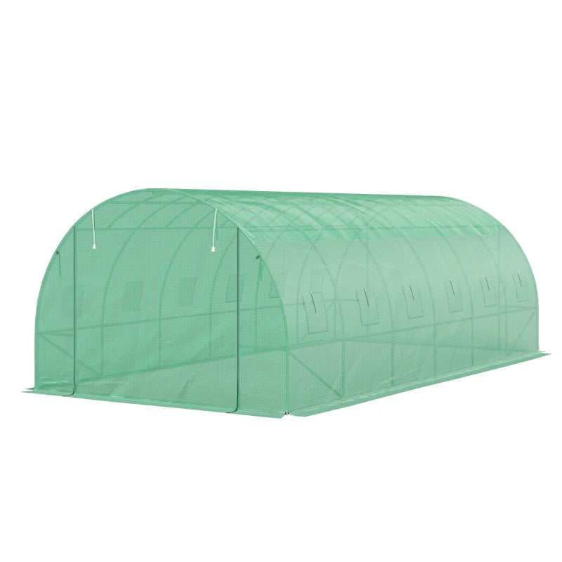 Polytunnel greenhouse with plastic cover and steel frame, walk-in greenhouse tent with roll-up doors, green