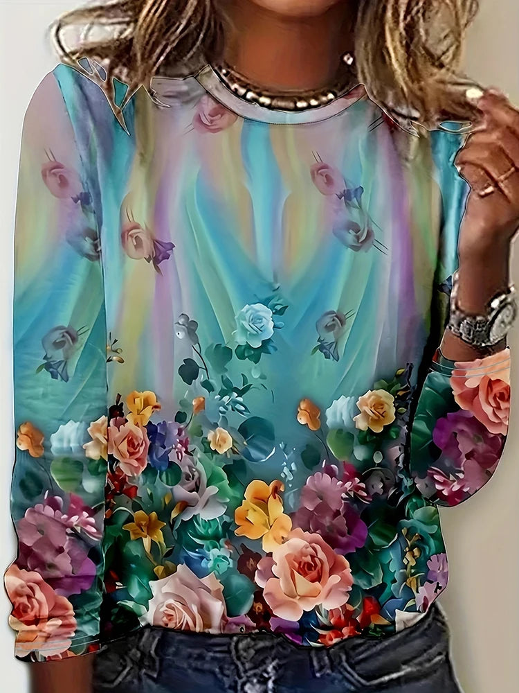 Daily Women's Warm Tops For Autumn And Winter 3D Flower-printed Fashionable Long-sleeved T-shirts Street-style Casual T-shirts