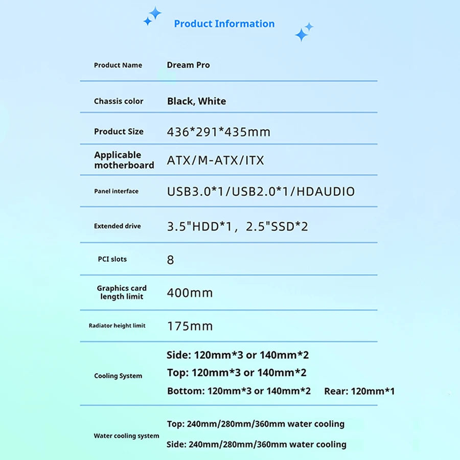 Power train Dreamland PRO ATX motherboard PC gaming 360 water-cooled Sea view room Double-sided glass gaming computer case
