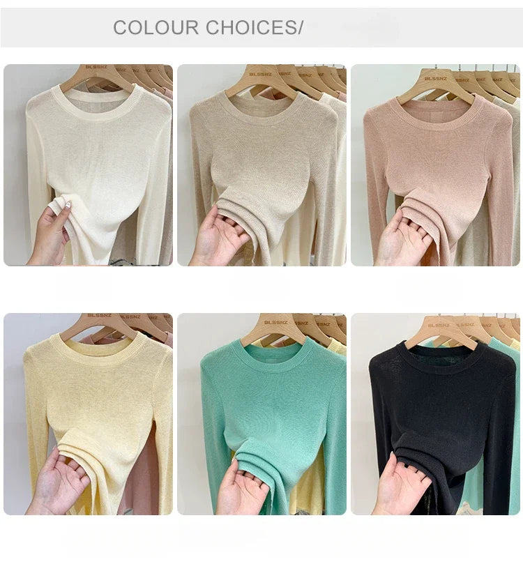 Spring  Basic O-Neck Slim T-Shirt Women Solid Multi Color All-Match Trend Casual Top Screw Knit Long Sleeve Elastic Office Lady