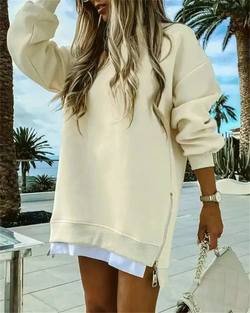 Women's  Spring Autumn Fashion Splicing Side Zipper Design Sweatshirt Round Neck Long Sleeved Mid Length Irregular  Tops