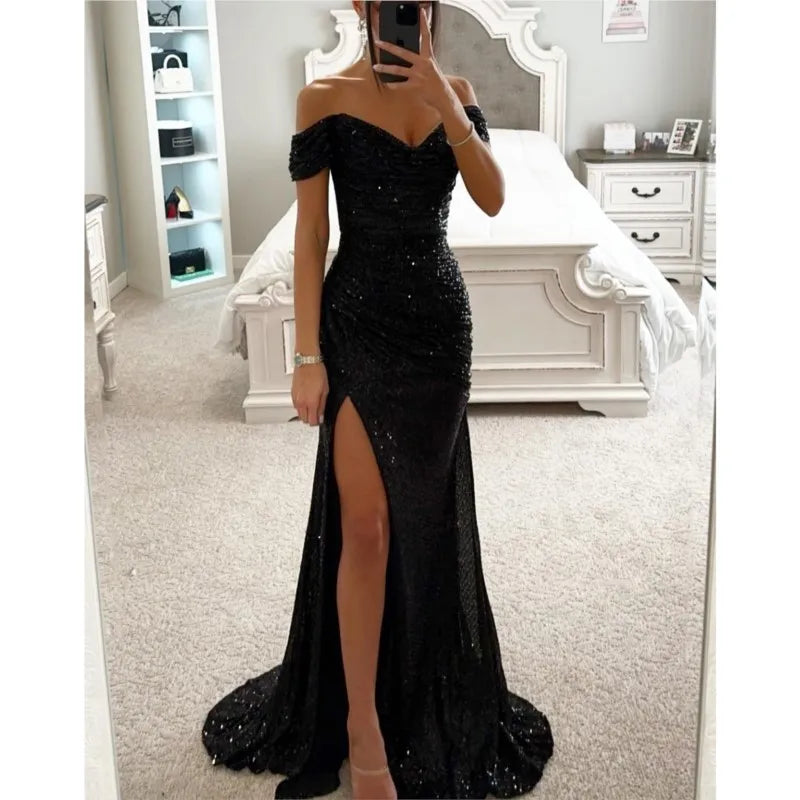 Women's Sexy Party Maxi Dress New Sequined One-line Collar Slit Dress Casual Fashion Prom Eveging Dresses For Women Robe Femme
