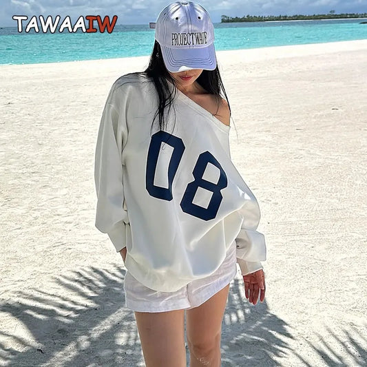 Tawaaiw American Retro Y2k Graphic Hoodie Long Sleeve Off Shoulder Korean Fashion Loose Harajuku Women's Sweatshirts Autumn Tops