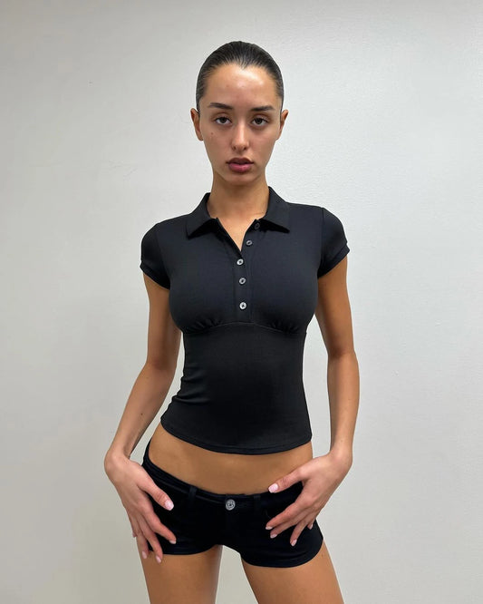 Tank Black Polo Collar T-Shirt, Slim Fit and Sexy Short-Sleeved Summer Women's Short Top