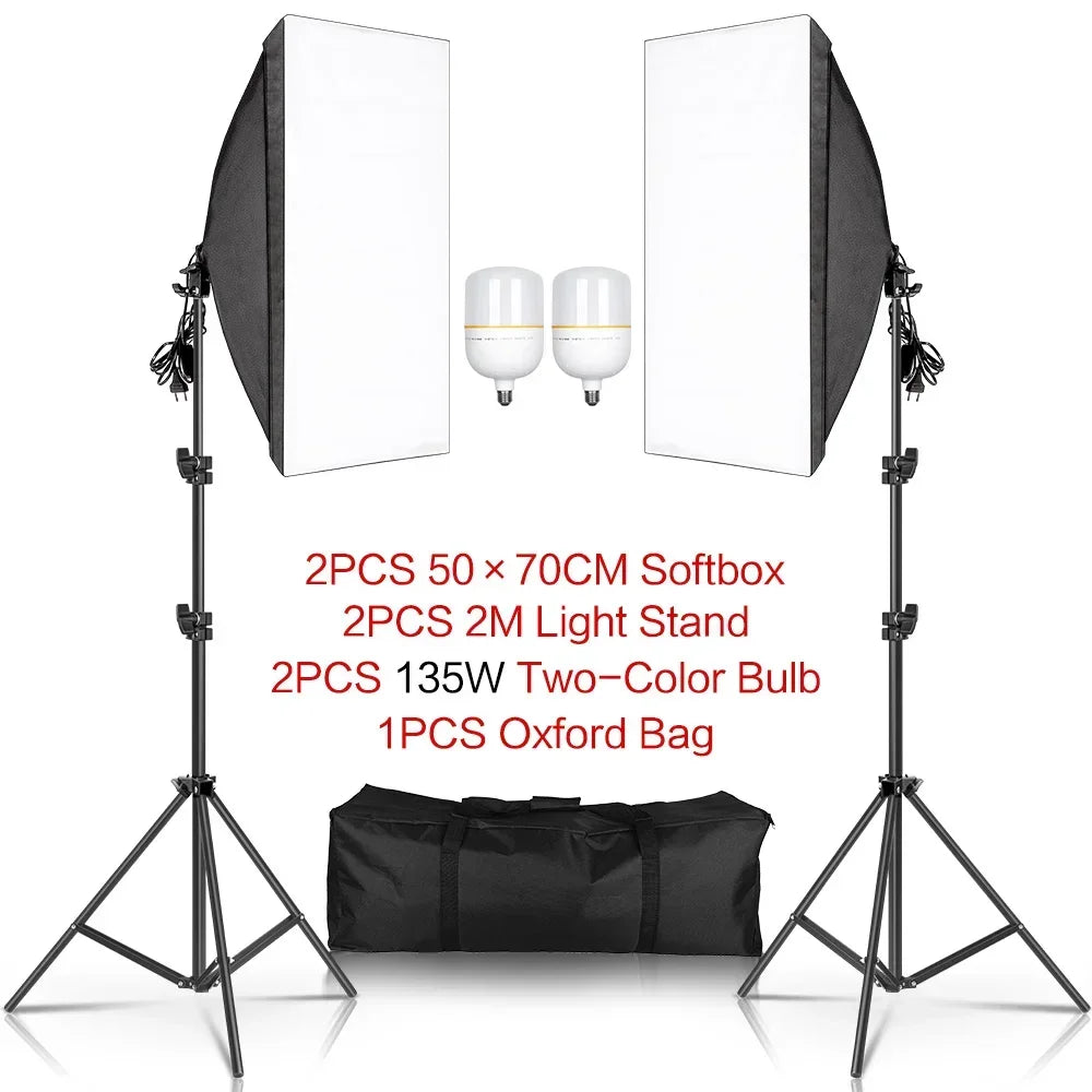 50x70CM Softbox Lights With Cross Arm E27 Photographic Bulbs Professional Photo Studio Continuous Lighting Kit With Tripod Stand