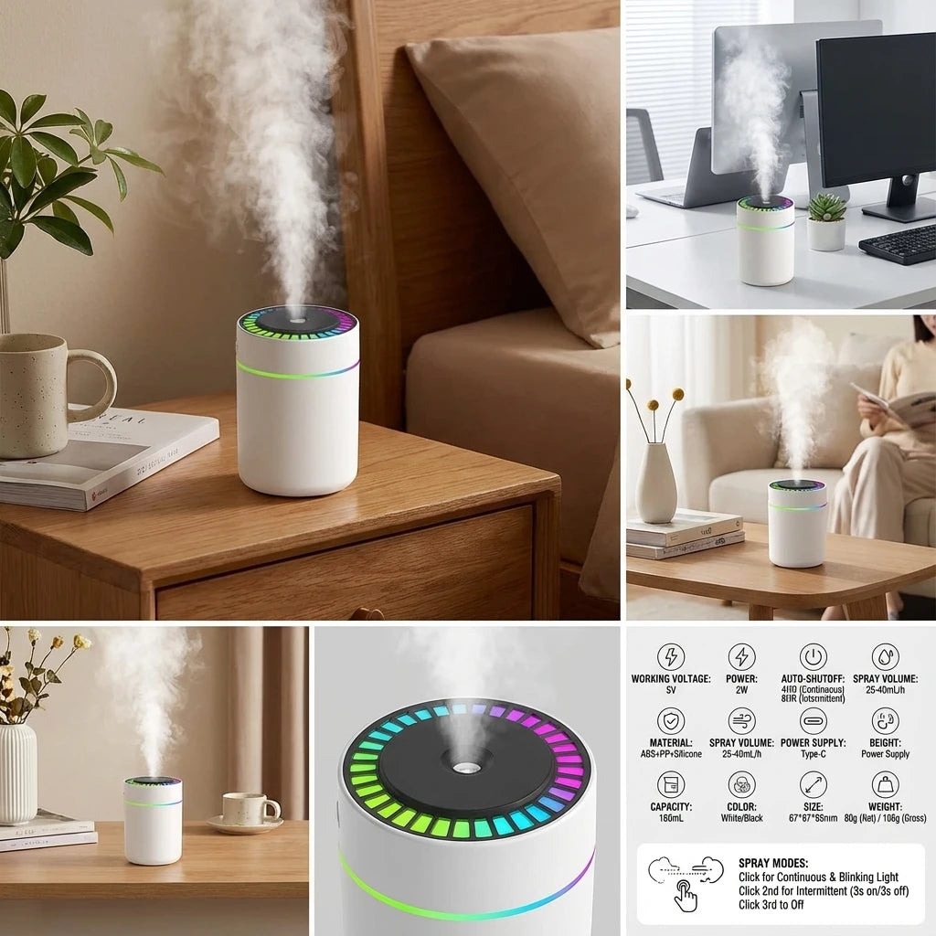 180ML Mini Air Humidifier USB Electric Aroma Diffuser Essential Oil Purifier Aromatherapy Mist Maker Lights For Car Home Bedroom