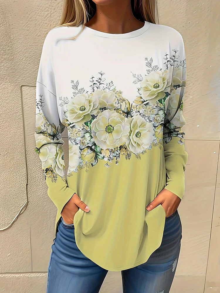 Daily Women's Warm Tops For Autumn And Winter 3D Flower-printed Fashionable Long-sleeved T-shirts Street-style Casual T-shirts
