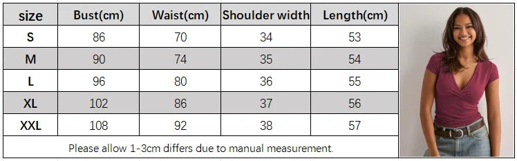 2025 Summer New Fashion Women's T-Shirt Solid-Color Slim-Fit V-Neck Short-Sleeve Top Y2k Clothing