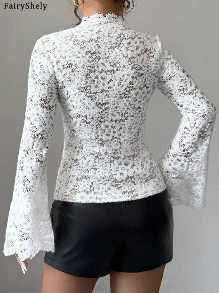 Fairyshely 2026 Spring Lace Long Sleeve Bodycon T-shirt Sexy Women White Crop Top Autumn Lady V Neck Club Short Tops Clothes