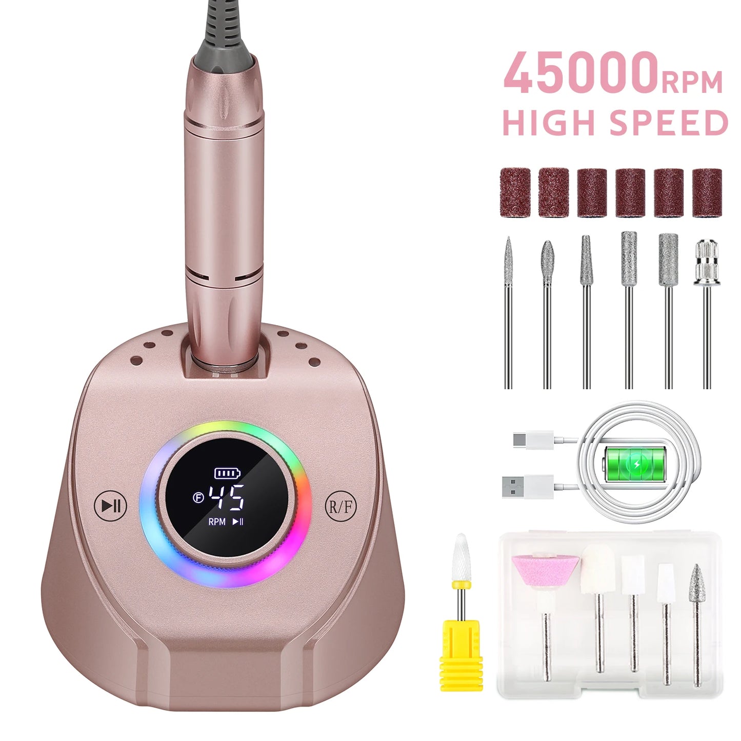 45000RPM Professional Rechargeable Electric Nail Drill Machine With Base Portable Cordless Nail File For Acrylic Gel Nail Remove