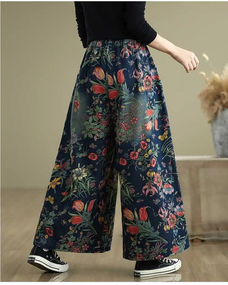 Women's 2025 Spring Autumn Bestseller Plus Size Denim Pants Floral Print Elastic Waist Loose Versatile Straight Wide-Leg Jeans
