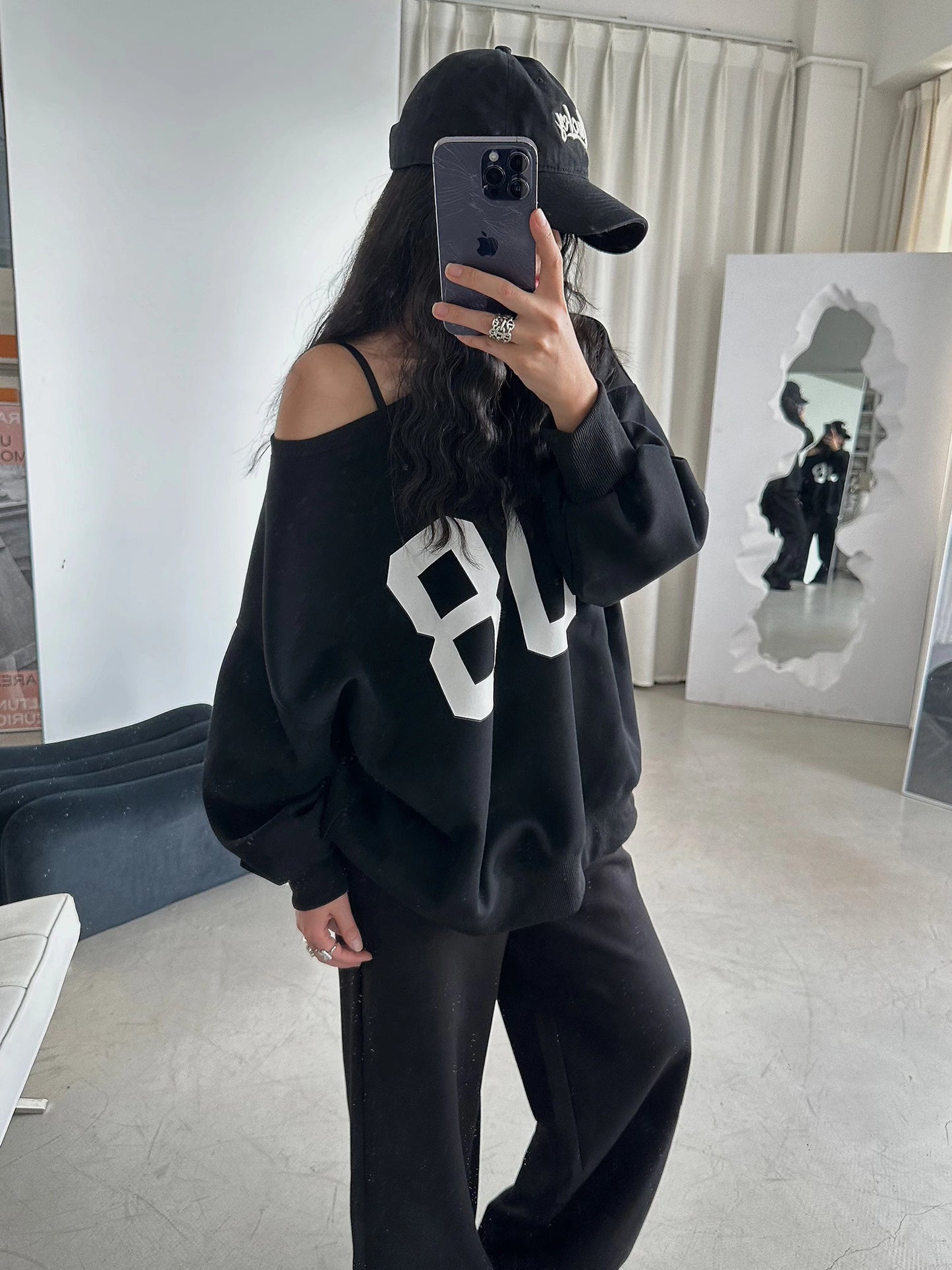 Tawaaiw American Retro Y2k Graphic Hoodie Long Sleeve Off Shoulder Korean Fashion Loose Harajuku Women's Sweatshirts Autumn Tops