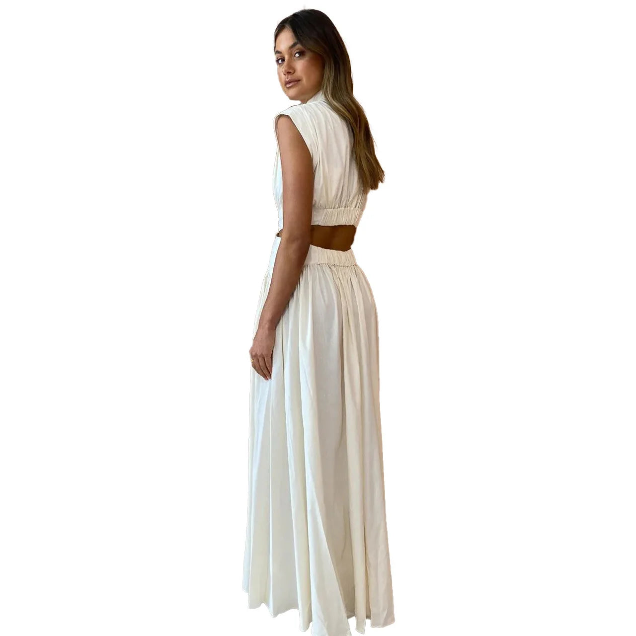 New Holiday Style, Solid Color Waist Empty And Sexy Waist Pleated Large Skirt Dress
