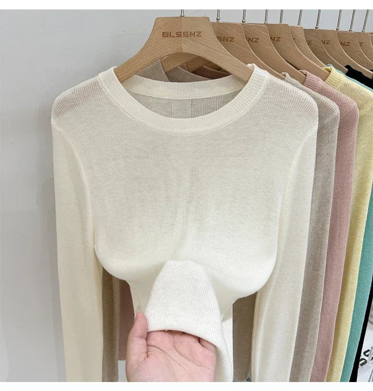 Spring  Basic O-Neck Slim T-Shirt Women Solid Multi Color All-Match Trend Casual Top Screw Knit Long Sleeve Elastic Office Lady