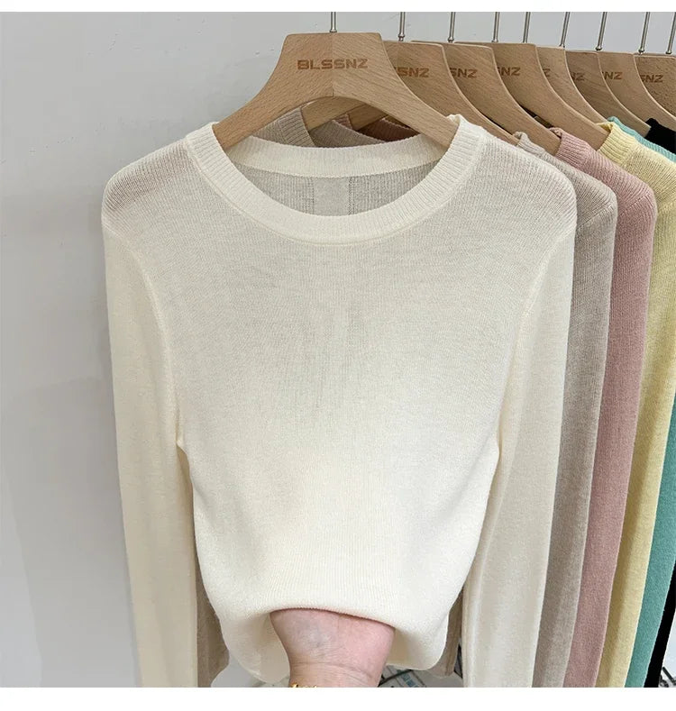 Spring  Basic O-Neck Slim T-Shirt Women Solid Multi Color All-Match Trend Casual Top Screw Knit Long Sleeve Elastic Office Lady