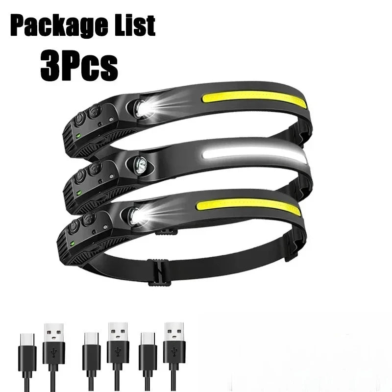 Sensor Headlamp USB Rechargeable LED Flashlight XPE+COB Torch Camping Waterproof Headlight for Outdoor Fishing Lantern 1/2/3PCS