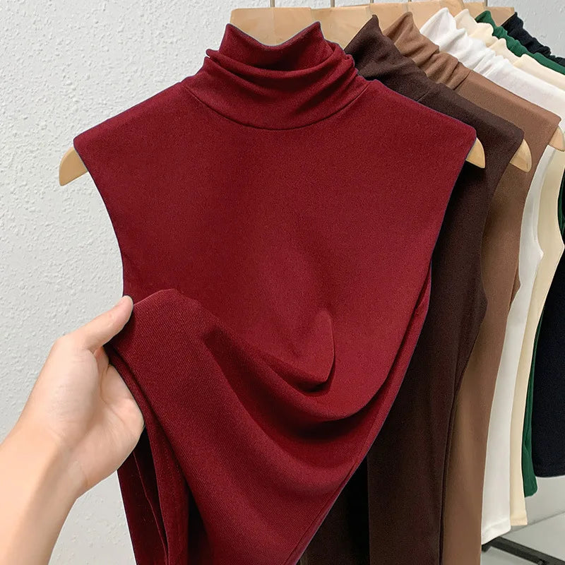 Elastic Mesh High Neck T-shirt New Women's Solid Color Plus Size Sleeveless Basic Top