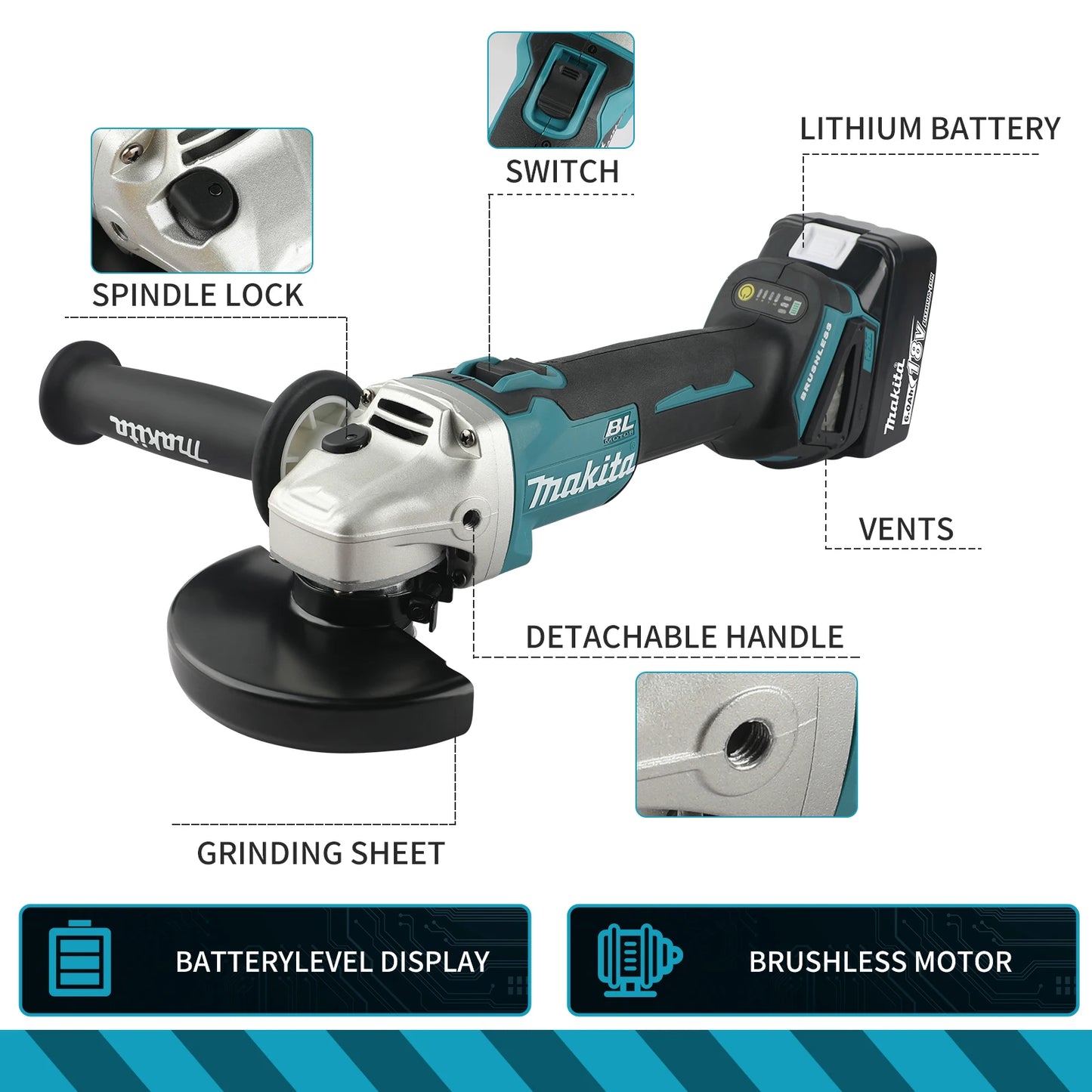 Makita DGA506 18V 125mm Charging Angle Grinder Electric Polishing Machine Brushless Metal Grinding and Cutting Machine