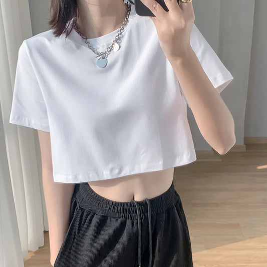 Summer Fashion Women's Clothing Top Y2K loose  Short Sleeve T-shirt Sexy Solid Color Street Women Crop Top