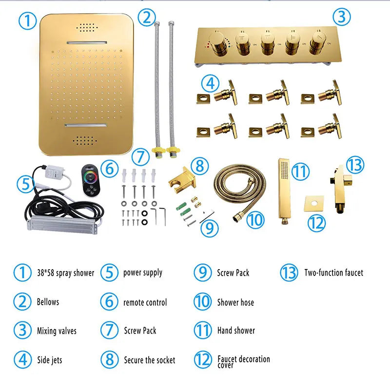 580*380mm Constant-Temperature Shower System Brushed Gold Shower Set LED Light Music Ceiling Hower head Body Massage Nozzle
