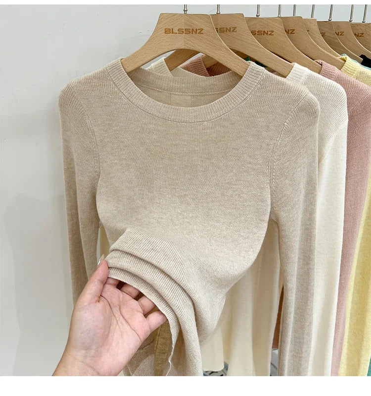 Spring  Basic O-Neck Slim T-Shirt Women Solid Multi Color All-Match Trend Casual Top Screw Knit Long Sleeve Elastic Office Lady