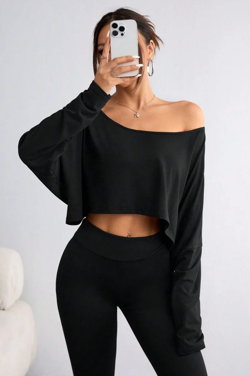 Spring 2025 Women's Loose Collar Base Fashion Crop T-Shirt Long Sleeve Casual Comfortable Line Neckline Solid Short Top