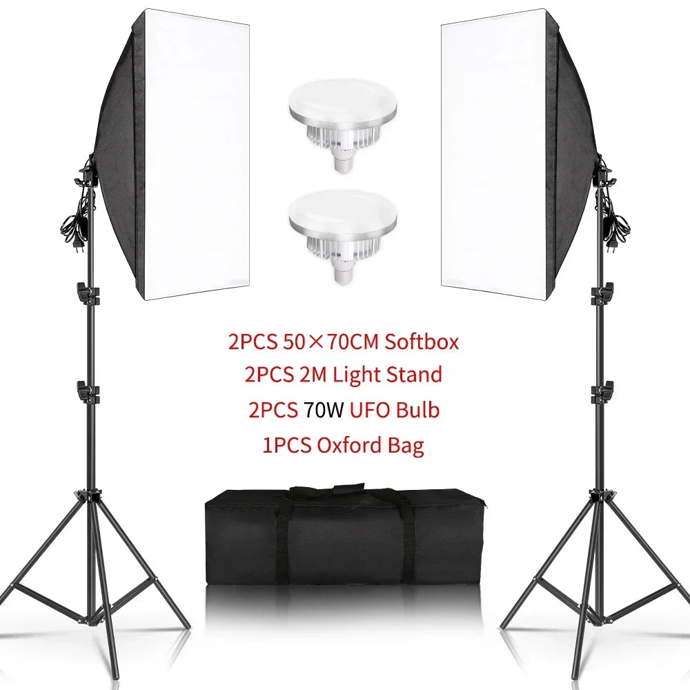 50x70CM Softbox Lights With Cross Arm E27 Photographic Bulbs Professional Photo Studio Continuous Lighting Kit With Tripod Stand