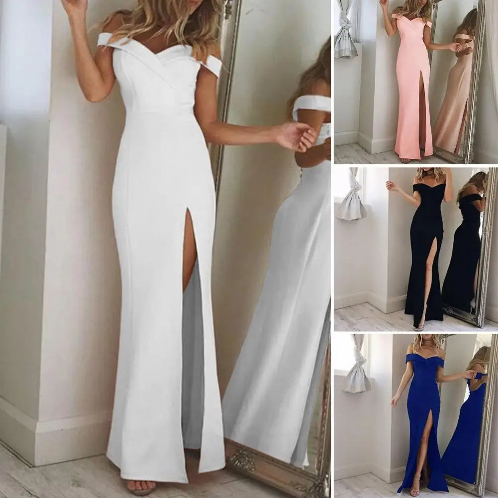 New Summer Elegant Party Dresses Evening Sexy Blue Slim Maxi Dress Slash Neck Off Shoulder Wedding Guest Elegant Dress for Women