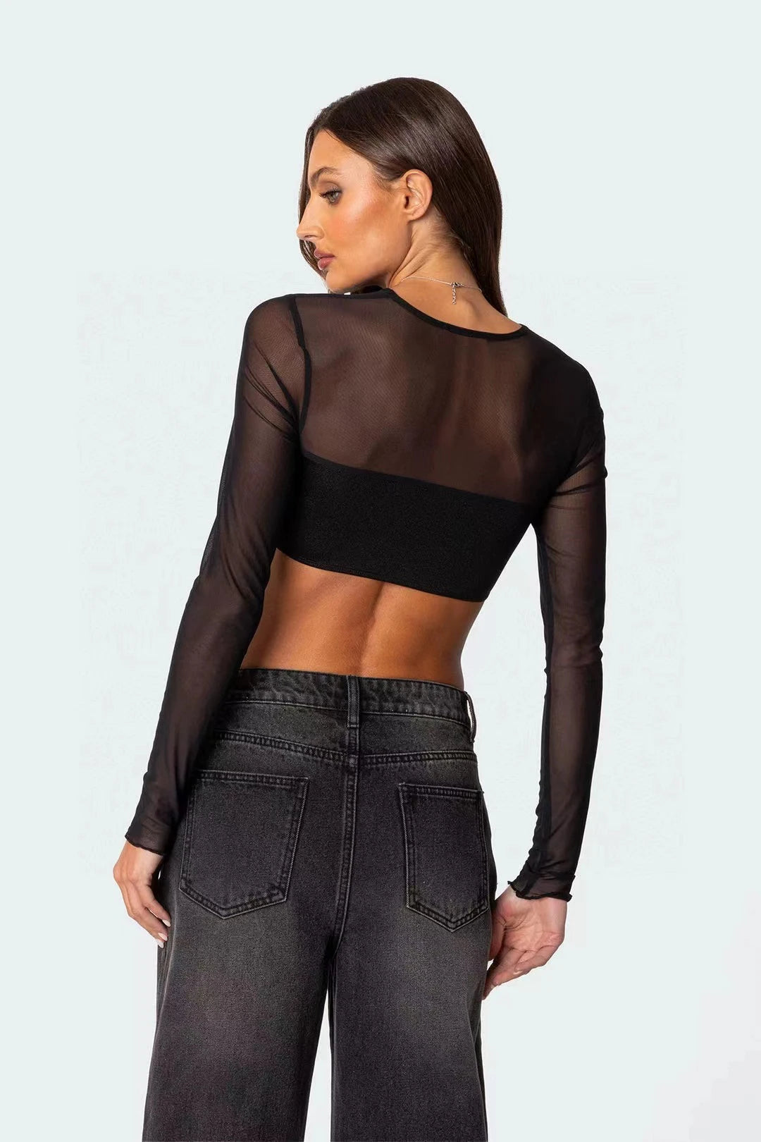 Spicy Girl Street Sexy O Neck Black Patchwork Mesh Y2K Short Long Sleeve T-shirt Summer Fashion Slim Exposed Navel Thin Lady Top
