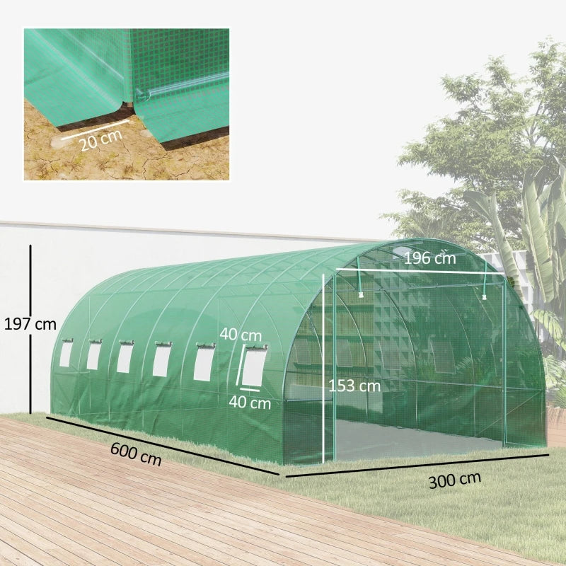 Polytunnel greenhouse with plastic cover and steel frame, walk-in greenhouse tent with roll-up doors, green