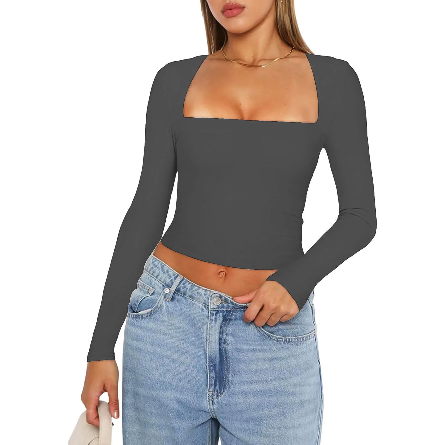 Women's Slim Fit Crop Tops Fashion Long Sleeve Square Neck Solid Color Pullover Basic T-Shirt Dressy Blouses 2024 New Streetwear