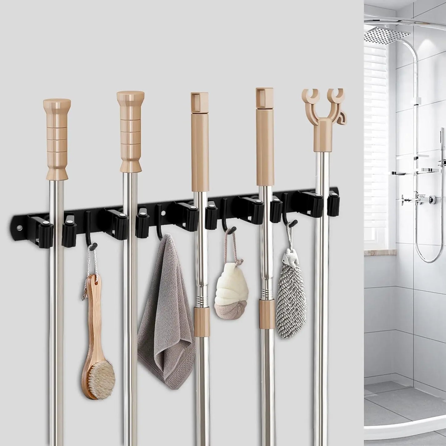 Wall Mount Broom Holder Stainless Steel 5 Racks With 4 Hooks Mop Broom Organizer Heavy Duty Laundry Room Garage Storage Hanger