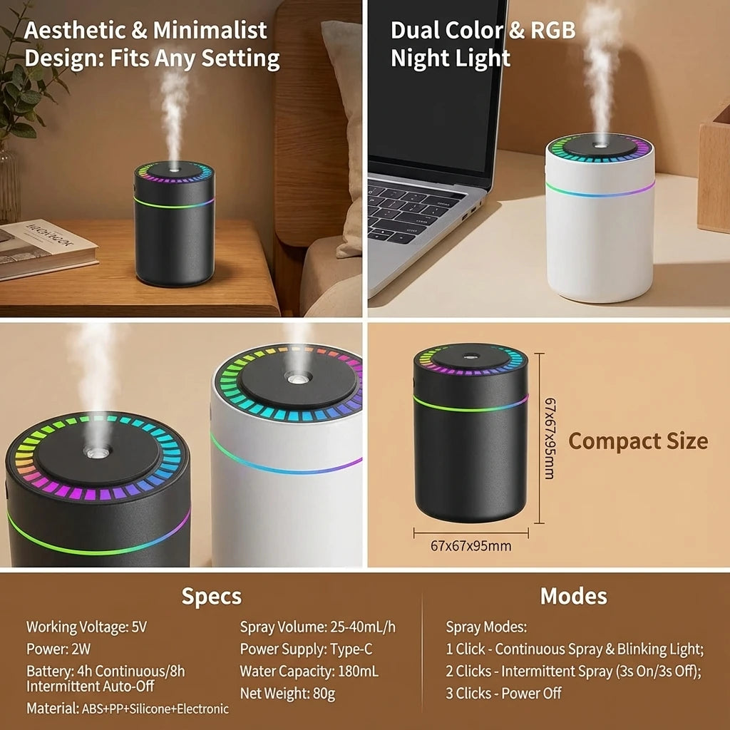 180ML Mini Air Humidifier USB Electric Aroma Diffuser Essential Oil Purifier Aromatherapy Mist Maker Lights For Car Home Bedroom