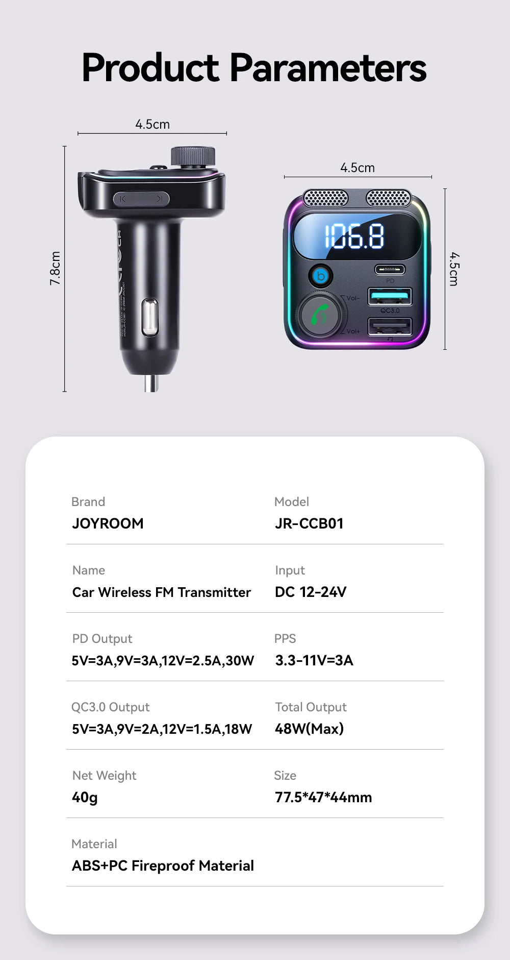 JOYROOM 48W Bluetooth 5.3 Car FM Transmitter Dual Mics PD&QC 3.0 Car Fast Charging Charger Adapter U Disk Hands-Free Calling